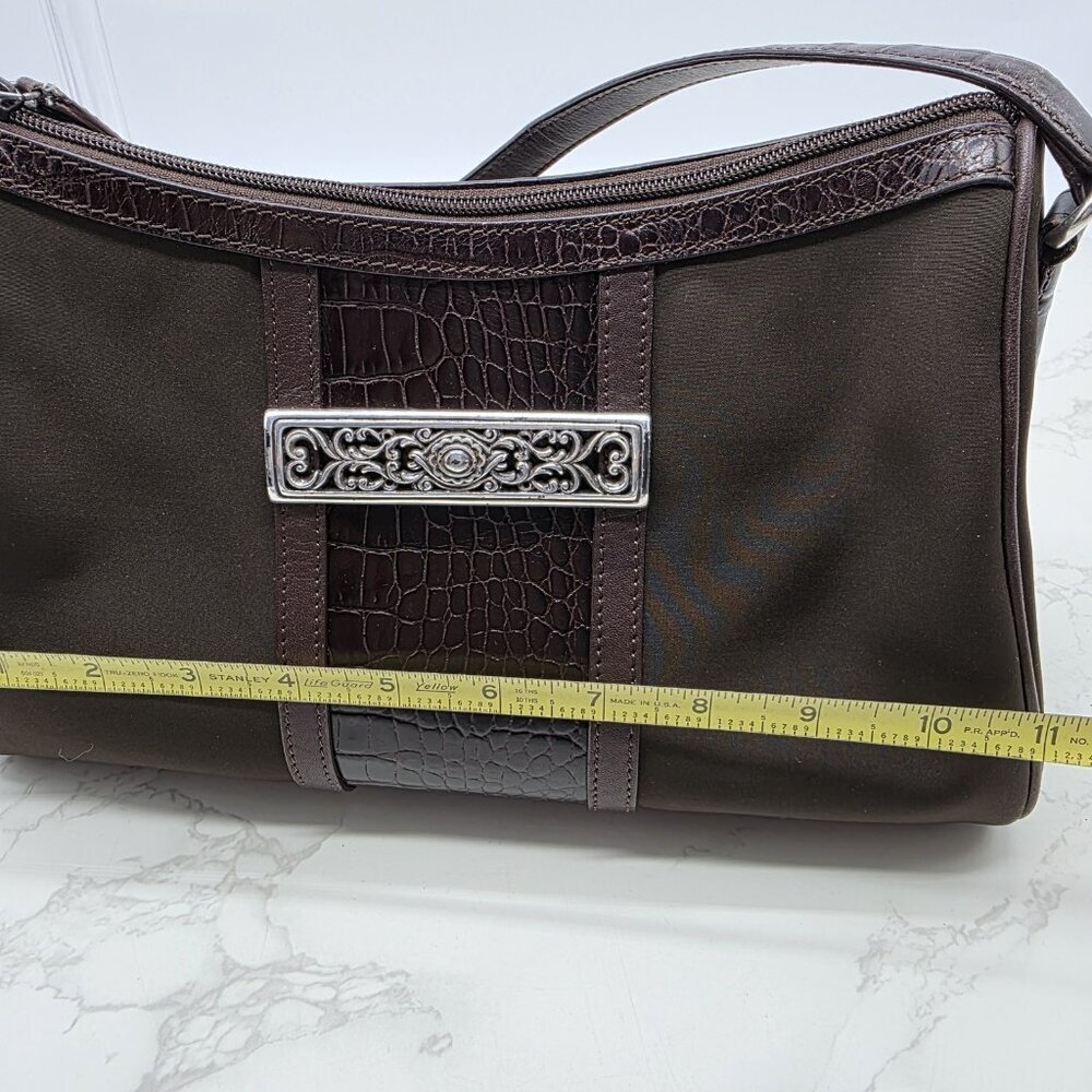 Brighton Shoulder Bag Brown Crocodile Nylon Embossed Leather Trim Purse Zip - Picture 9 of 12